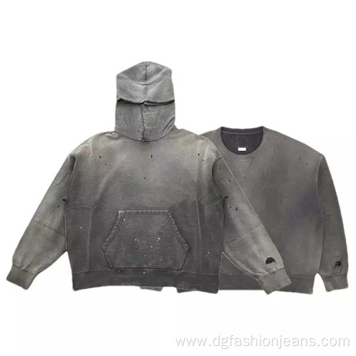 Oversized Grey Cotton Pullover Stone Washed Hoodie